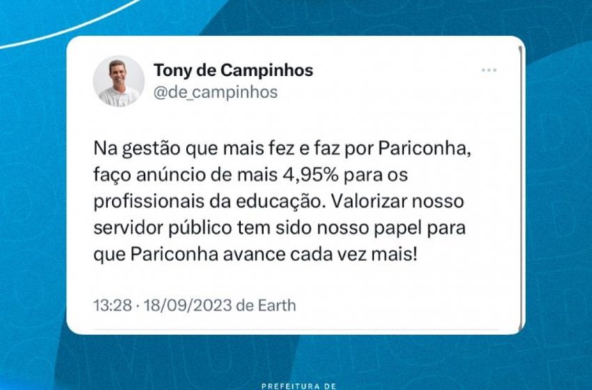 Prefeito Tony assegura mais 4,95% de aumento para profissionais da Educação